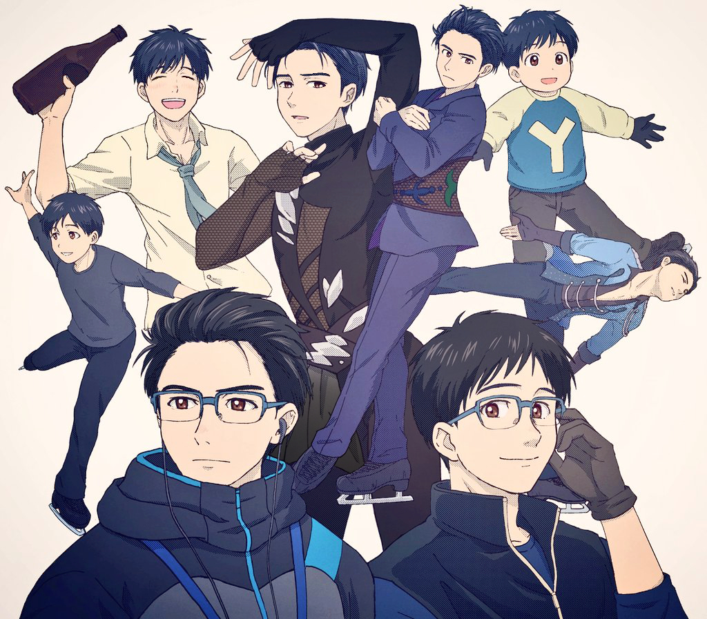 1boy ^_^ aged_down black_gloves black_hair blue-framed_eyewear bottle brown_eyes child closed_eyes collared_shirt earbuds earphones glasses gloves hair_slicked_back ice_skates jacket katsuki_yuuri male_focus multiple_persona necktie shirt skates smile standing standing_on_one_leg takeshi_(mononohu20) track_jacket yuri!!!_on_ice