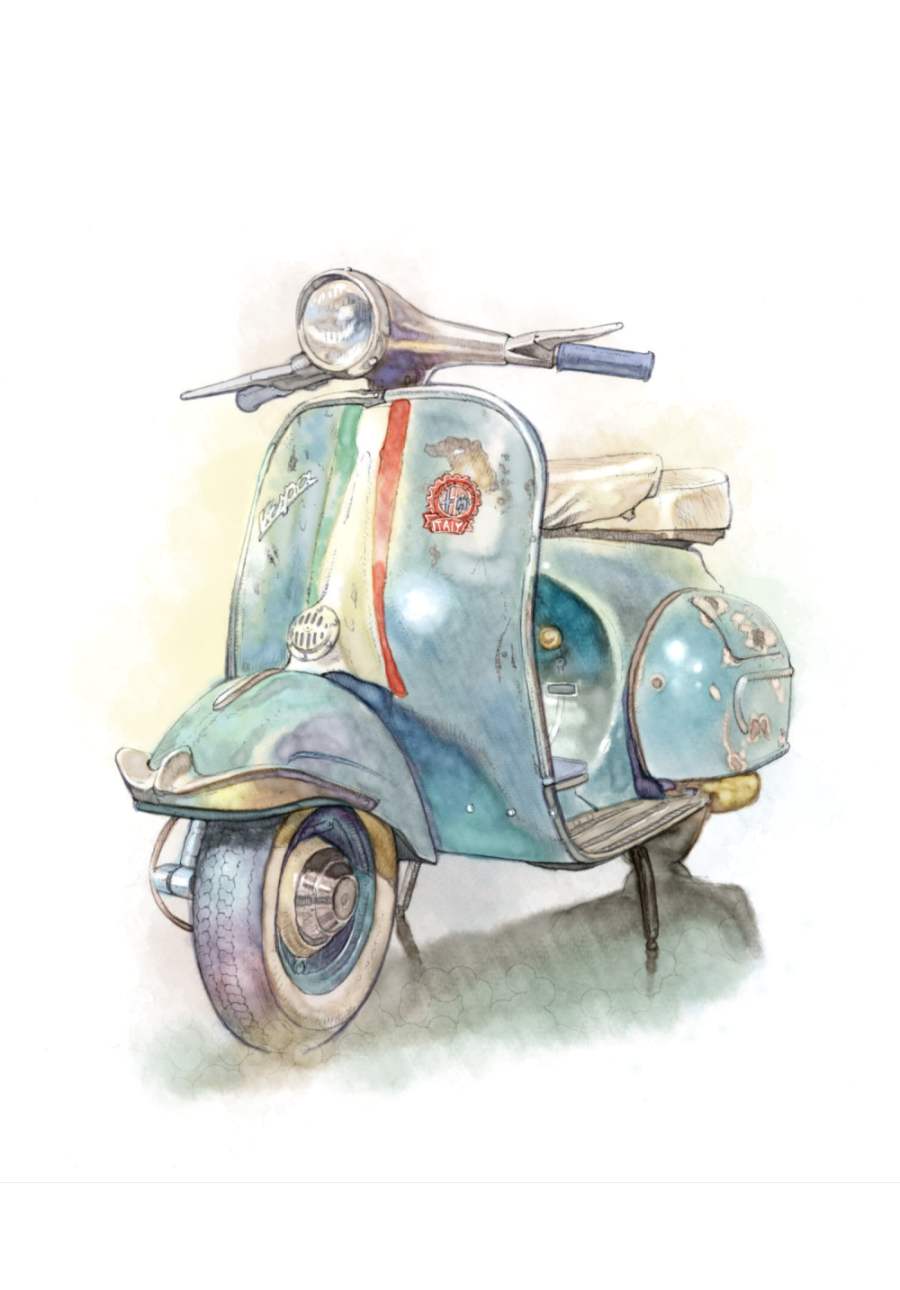 asai_takashi colored_pencil_(medium) highres motor_vehicle no_humans original scooter traditional_media vehicle_focus vespa white_background