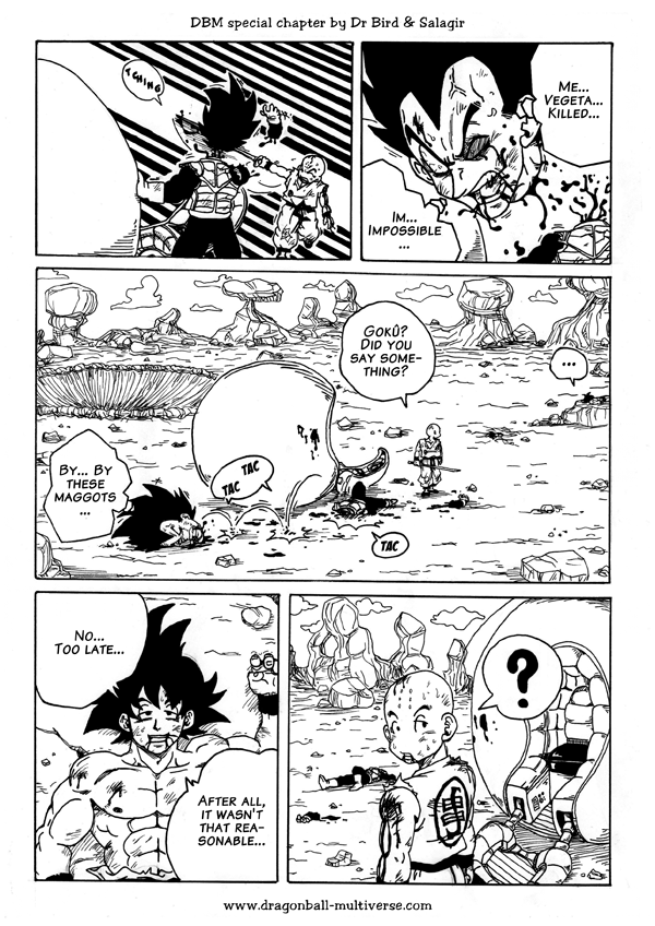 3boys bad_tag bald bald_male black_eyes black_hair blood blood_on_face dragon_ball english_text injury kill kuririn multiple_boys muscular muscular_male na son_goku speech_bubble sword vegeta weapon