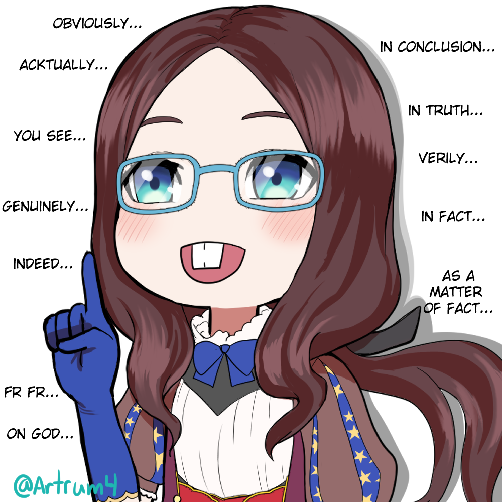 1girl ackchyually_(meme) artrum4 blue-framed_eyewear blue_bow blue_eyes blue_gloves blush bow buck_teeth commentary english_commentary english_text fate/grand_order fate_(series) forehead glasses gloves leonardo_da_vinci_(fate) leonardo_da_vinci_(fate/grand_order) leonardo_da_vinci_(rider)_(fate) meme nerd_emoji open_mouth parted_bangs puff_and_slash_sleeves puffy_short_sleeves puffy_sleeves short_sleeves simple_background solo teeth twitter_username white_background