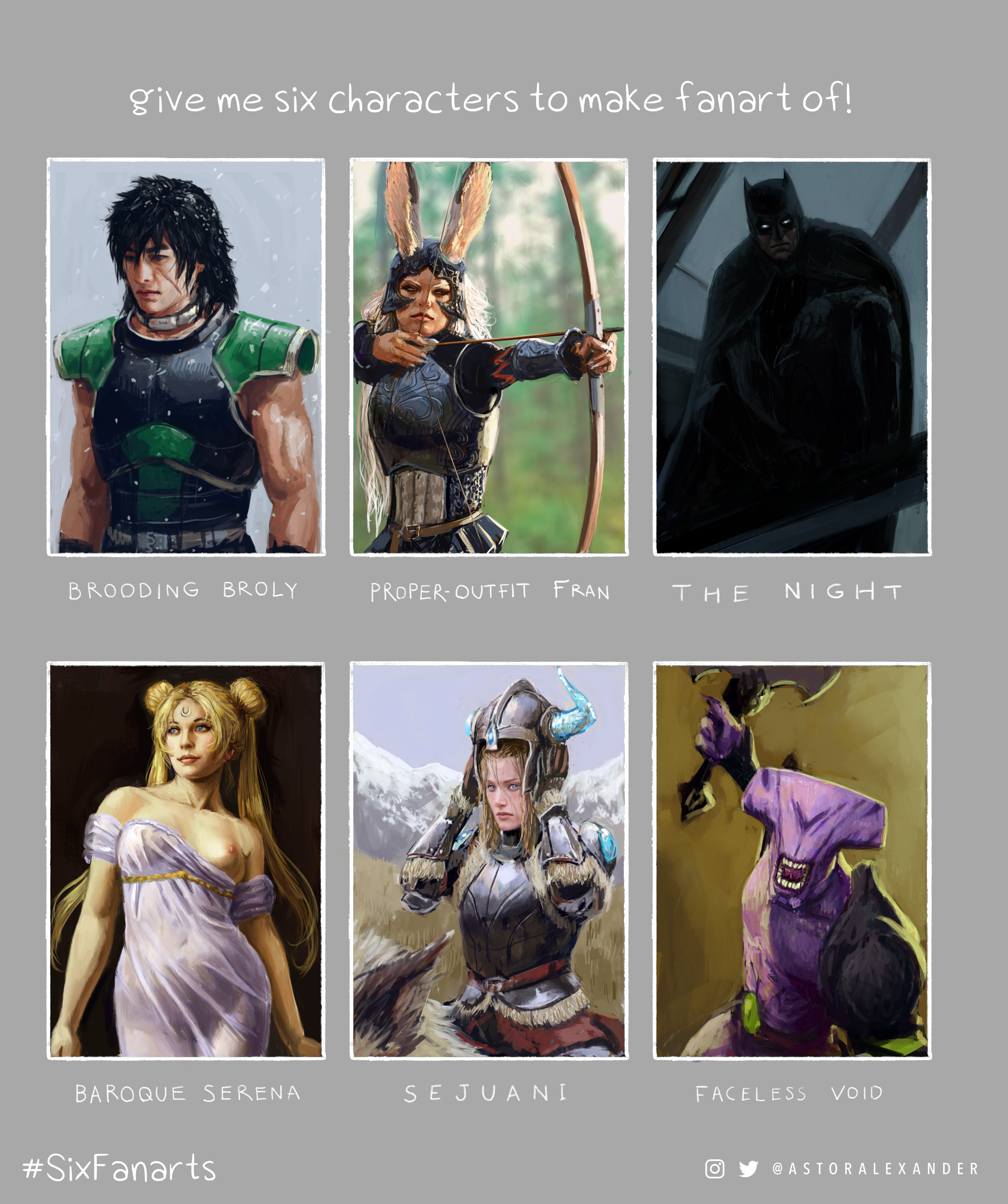 3boys 3girls absurdres animal_ears armor arrow_(projectile) astor_alexander batman batman_(series) bishoujo_senshi_sailor_moon black_hair blonde_hair blue_eyes bow_(weapon) breasts broly_(dragon_ball_super) cape collar covered_navel crescent crescent_facial_mark dc_comics dota_(series) dota_2 dragon_ball dragon_ball_super dragon_ball_super_broly dress english_text faceless_void facial_mark facial_scar fake_horns final_fantasy final_fantasy_xii forehead_mark fran_(ff12) hashtag helmet highres horned_helmet horns league_of_legends medium_breasts mountain multiple_boys multiple_drawing_challenge multiple_girls nipples one_breast_out princess_serenity rabbit_ears scar scar_on_cheek scar_on_face see-through_clothes see-through_dress sejuani sharp_teeth shoulder_armor six_fanarts_challenge snow superhero_costume teeth tsukino_usagi twitter_username viera weapon white_dress