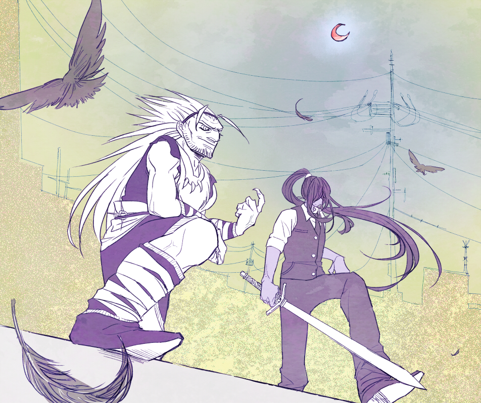 2boys boots brothers facial_hair fur_trim gannen_harst hatsune_(leaden_heart07) holding holding_sword holding_weapon long_hair male_focus moon multiple_boys necktie ponytail siblings smile spiked_hair stubble sword the_saga_of_darren_shan vancha_march vest weapon