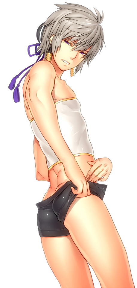 1boy earrings hair_ornament jewelry male_focus musou_orochi musou_orochi_2 purple_eyes short_hair shorts silver_hair simple_background solo taigong_wang_(musou_orochi) undressing