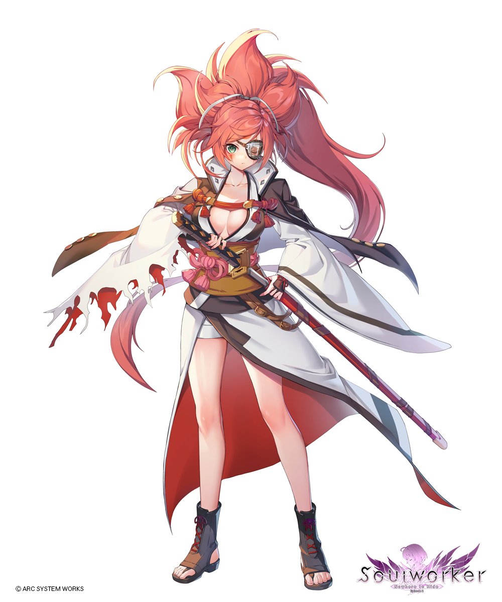 1girl arc_system_works armor baiken baiken_(cosplay) big_hair black_jacket black_kimono breasts chii_aruel cleavage cosplay eyepatch facial_tattoo greaves green_eyes guilty_gear guilty_gear_strive highres jacket jacket_on_shoulders japanese_clothes kataginu katana kimono large_breasts long_hair looking_at_viewer multicolored_kimono official_art one-eyed open_clothes open_kimono pink_hair samurai sandals scar scar_across_eye scar_on_face solo soulworker standing sword tattoo torn_sleeve weapon white_kimono