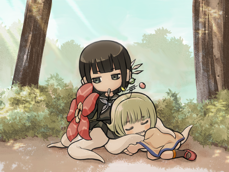 2girls black_eyes black_hair black_serafuku black_socks blue_sky blunt_bangs blush_stickers brown_poncho chibi closed_mouth commentary_request day expressionless facing_viewer floating_headgear flower food forest fruit green_hair head_tilt headgear headphones jitome kneehighs light_rays looking_down maki_(nasulily) mary_janes medium_hair monster_girl mouth_hold multiple_girls nature neckerchief nene_nene nizimine_kakoi on_ground outdoors planet plant_girl plant_roots radio_antenna rafflesia_(flower) red_footwear school_uniform serafuku shoes sky sleeping smile socks sunbeam sunlight tree utau white_neckerchief zipper zipper_pull_tab