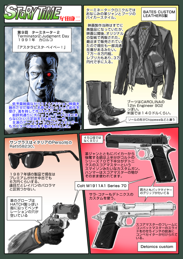 1boy boots colt&#039;s_manufacturing_company english_text gloves gun handgun jacket japanese_text looking_at_viewer m1911 muta_koji pistol red_eyes robot short_hair story_time_(muta_koji) sunglasses t-800 terminator_(series) terminator_2:_judgment_day translation_request weapon weapon_focus weapon_name weapon_profile