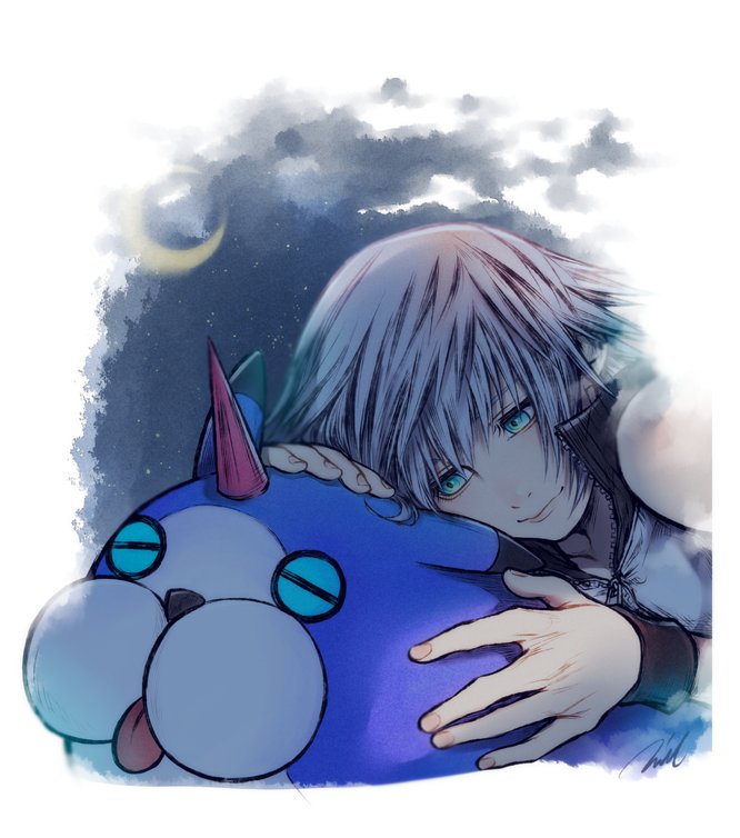 1boy :p armband black_armband border commentary crescent_moon fingernails green_eyes grey_hair horns hug kingdom_hearts kingdom_hearts_3d:_dream_drop_distance looking_down male_focus mim_(mimya0600) moon popped_collar riku_(kingdom_hearts) single_horn sky star_(sky) starry_sky symbol-only_commentary tongue tongue_out wondernyan_(kingdom_hearts) zipper zipper_pull_tab