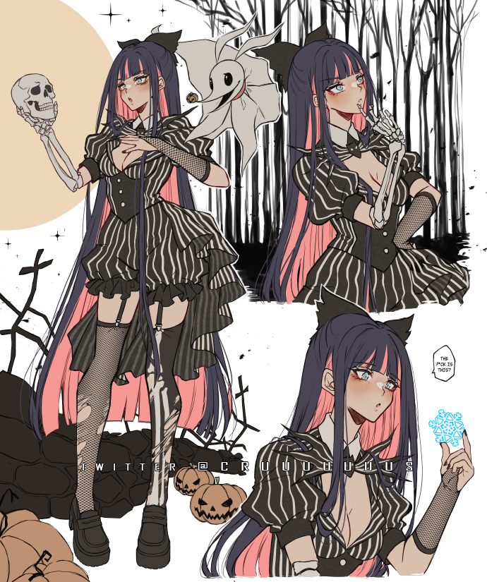 1girl black_bow black_thighhighs blunt_bangs blush bow breasts cleavage collared_shirt criis-chan english_text fishnet_thighhighs fishnets frown full_body garter_straps ghost hair_bow holding holding_skull holding_snowflake long_hair medium_breasts multicolored_hair multiple_views panty_&amp;_stocking_with_garterbelt puffy_short_sleeves puffy_sleeves pumpkin shirt shoes short_sleeves shorts skull snowflakes speech_bubble standing stocking_(psg) striped_clothes striped_shirt striped_shorts the_nightmare_before_christmas thighhighs two-tone_hair white_background white_thighhighs zero_(nbc)
