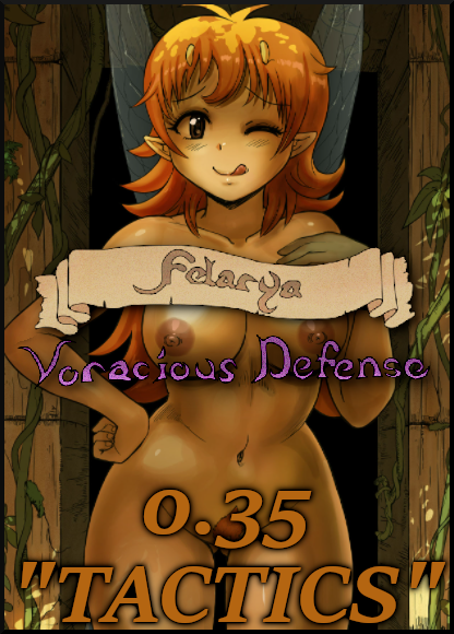 1girl breasts censored censored_by_text convenient_censoring copyright_name felarya female_pubic_hair karbo looking_at_viewer navel nipples nude one_eye_closed orange_hair pointy_ears pubic_hair smile solo standing subeta tongue tongue_out wink