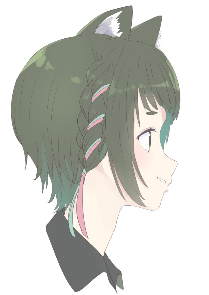 1girl animal_ear_fluff animal_ears animare atsushima blue_ribbon blush braid commentary_request dog_ears dog_girl green_eyes green_hair grin hair_ribbon hashiba_natsumi_(animare) looking_afar nanashi_inc. pink_ribbon portrait profile ribbon ribbon_braid short_bangs short_hair simple_background smile solo virtual_youtuber white_background