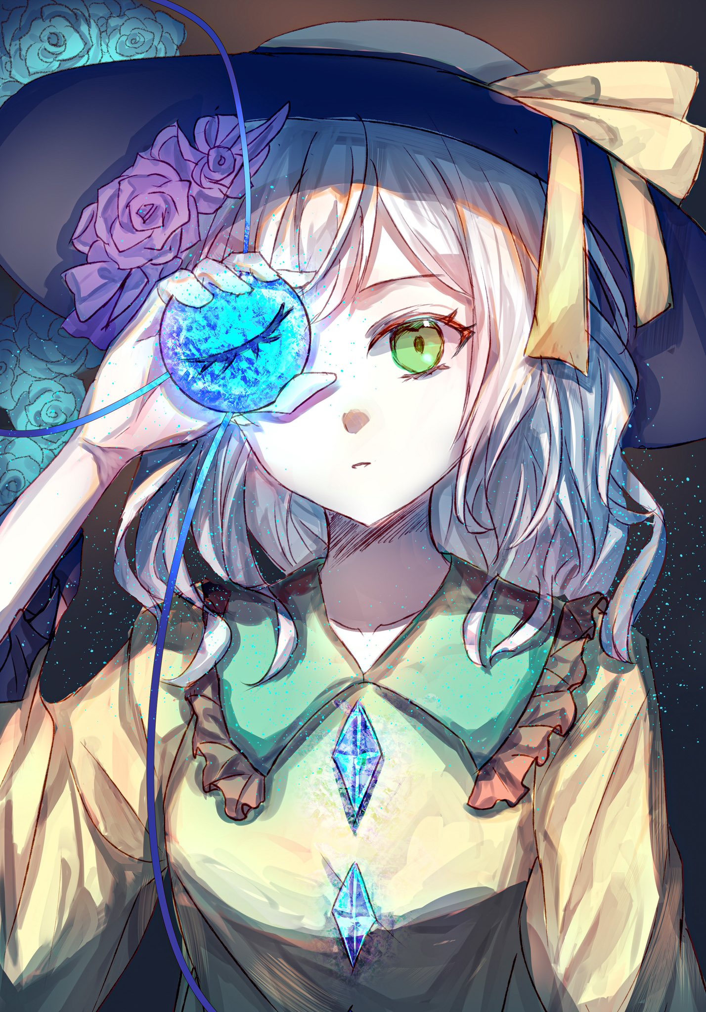 1girl black_hat flower green_eyes grey_hair hair_flower hair_ornament hat highres koishi_day komeiji_koishi long_sleeves medium_hair one_eye_closed one_eye_covered pink_flower pink_rose purple_flower purple_rose rose shirt solo suzushina third_eye touhou upper_body wide_sleeves yellow_shirt