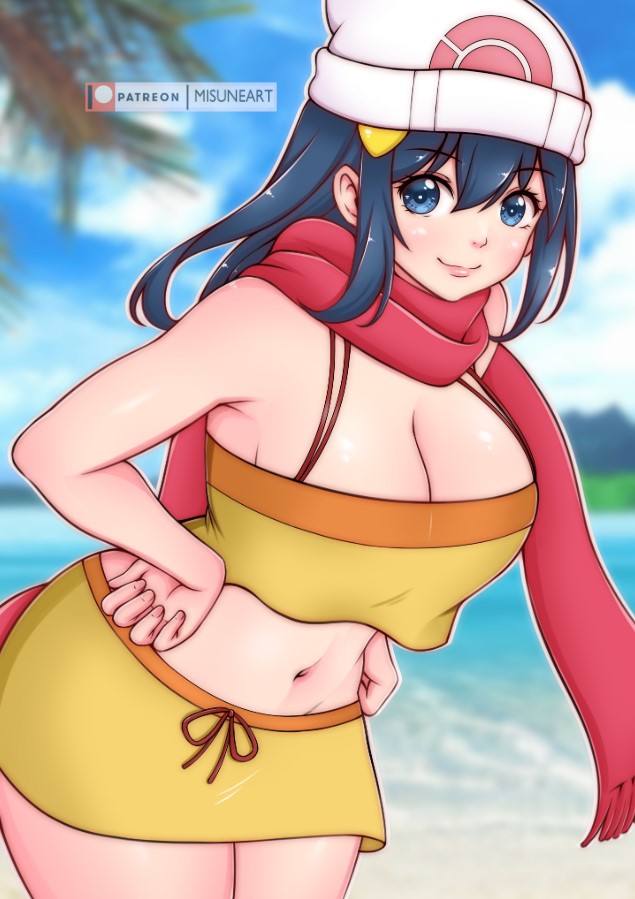 1girl beach beanie bikini bikini_skirt blue_eyes blue_hair blush breasts cleavage cloud creatures_(company) dawn_(pokemon) game_freak hair_ornament hairclip hands_on_own_hips hat large_breasts leaning_forward long_hair looking_at_viewer misune_art navel nintendo ocean palm_tree poke_ball_print poke_ball_symbol pokemon pokemon_dppt print_headwear red_scarf sand scarf sky smile standing swimsuit tree water white_hat yellow_bikini