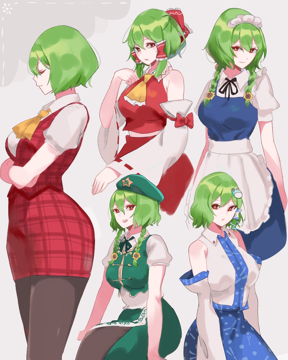 1girl apron ascot black_ribbon blue_dress blue_skirt bow braid collared_shirt cosplay detached_sleeves dress flower frilled_bow frilled_hair_tubes frilled_shirt_collar frilled_skirt frilled_sleeves frills frog_hair_ornament green_hair green_headwear green_skirt green_vest hair_bow hair_flower hair_ornament hair_tubes hakurei_reimu hakurei_reimu_(cosplay) hong_meiling hong_meiling_(cosplay) izayoi_sakuya izayoi_sakuya_(cosplay) kazami_yuuka kochiya_sanae kochiya_sanae_(cosplay) long_skirt maid_apron maid_headdress medium_hair multiple_views neck_ribbon nontraditional_miko pantyhose pencil_skirt plaid_clothes plaid_skirt plaid_vest puffy_short_sleeves puffy_sleeves red_bow red_eyes red_shirt red_skirt red_vest ribbon ribbon-trimmed_sleeves ribbon_trim shirt short_hair short_sleeves side_slit single_sidelock skirt skirt_set sleeveless sleeveless_shirt snake_hair_ornament star_(symbol) sunflower tohoyuukarin touhou twin_braids vest waist_apron white_apron white_shirt white_sleeves wide_sleeves yellow_ascot
