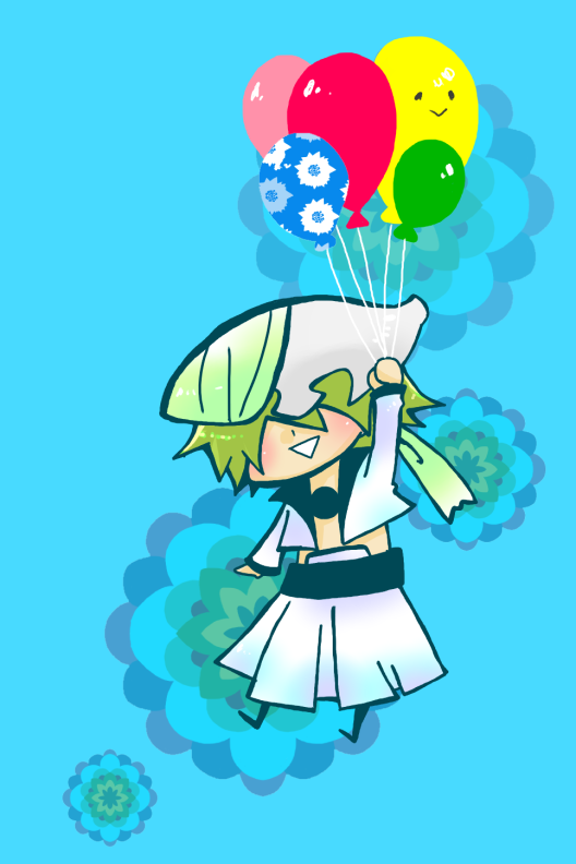 1boy arrancar balloon bleach blonde_hair di_roy_rinker flying hole koike_haruka male_focus open_clothes open_shirt shirt short_hair sky smile solo