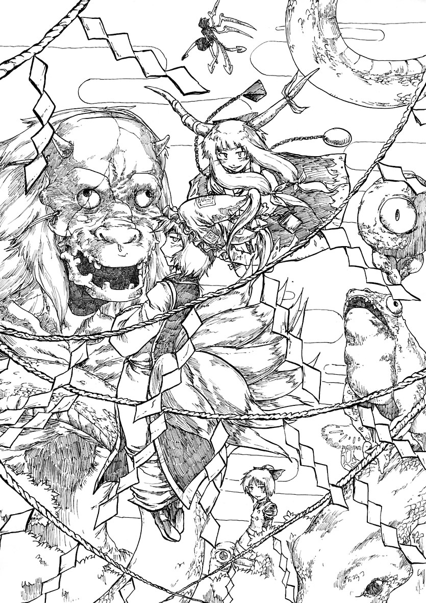 4girls dress eyeball female_focus frog greyscale hat houjuu_nue ibuki_suika kurodani_yamame monochrome multiple_girls nib_pen_(medium) oni pandemonium pen_(medium) rope shide snake touhou traditional_media white_background yakumo_ran