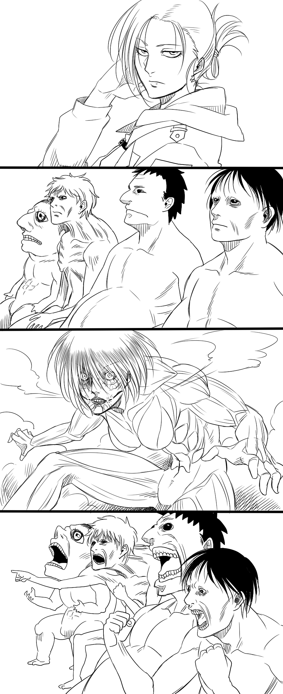 1girl 4boys annie_leonhart female_titan gaijin_4koma_(meme) giant giantess greyscale hair_up highres meme military military_uniform monochrome monster monster_girl multiple_boys nude shingeki_no_kyojin short_hair spoilers tanotsuku_daisuke titan_(shingeki_no_kyojin)