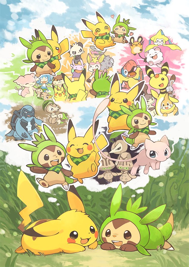 :d ampharos audino beheeyem brown_eyes buizel bunnelby carracosta chespin commentary_request dedenne deerling espurr eye_contact farfetch&#039;d fur gen_1_pokemon gen_2_pokemon gen_3_pokemon gen_4_pokemon gen_5_pokemon gen_6_pokemon goomy grass jirachi konanbo legendary_pokemon looking_at_another lying mawile mew_(pokemon) mythical_pokemon nintendo no_humans nuzleaf on_stomach open_mouth pancham panpour pikachu pokemon pokemon_(creature) shared_thought_bubble shelmet smile speech_bubble swirlix tail teeth thought_bubble tongue watchog