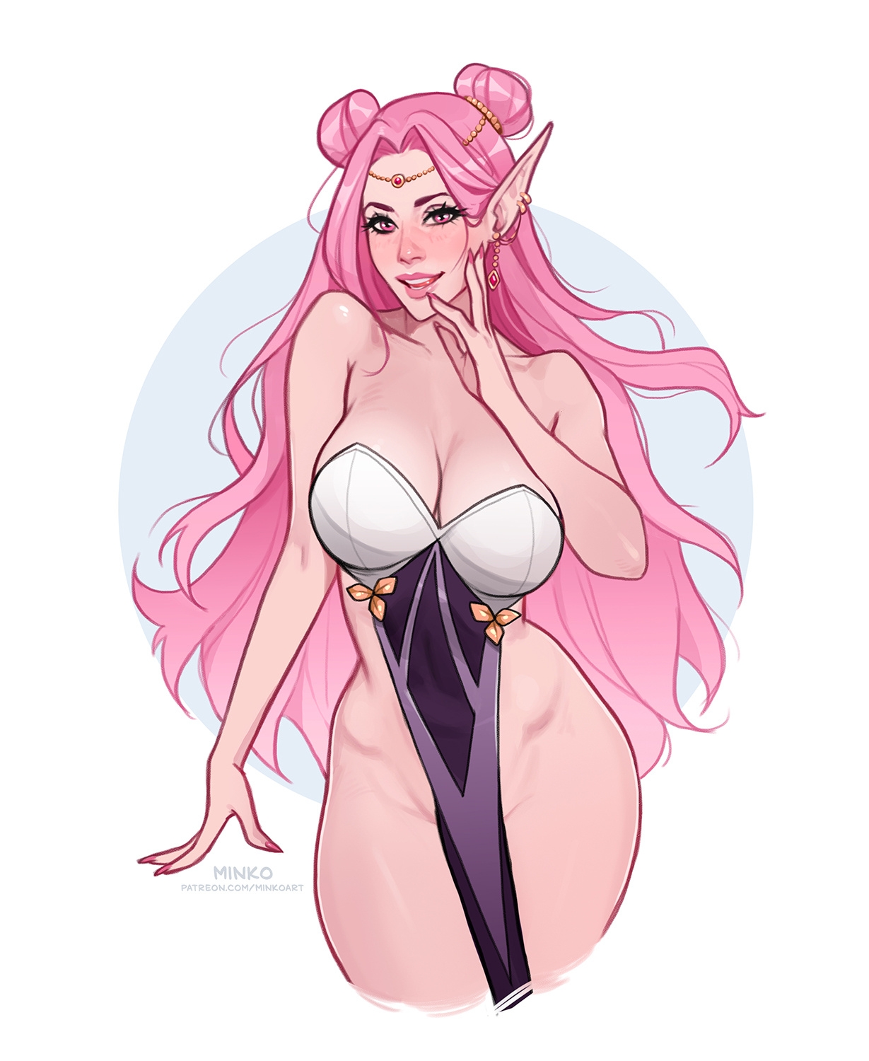 1girl artist_name bare_shoulders blush breasts cleavage collarbone contrapposto cropped_legs double_bun earrings hair_bun highres jewelry large_breasts long_hair looking_at_viewer no_panties olena_minko original parted_lips patreon_username pelvic_curtain pink_eyes pink_hair pink_nails pointy_ears solo very_long_hair watermark web_address