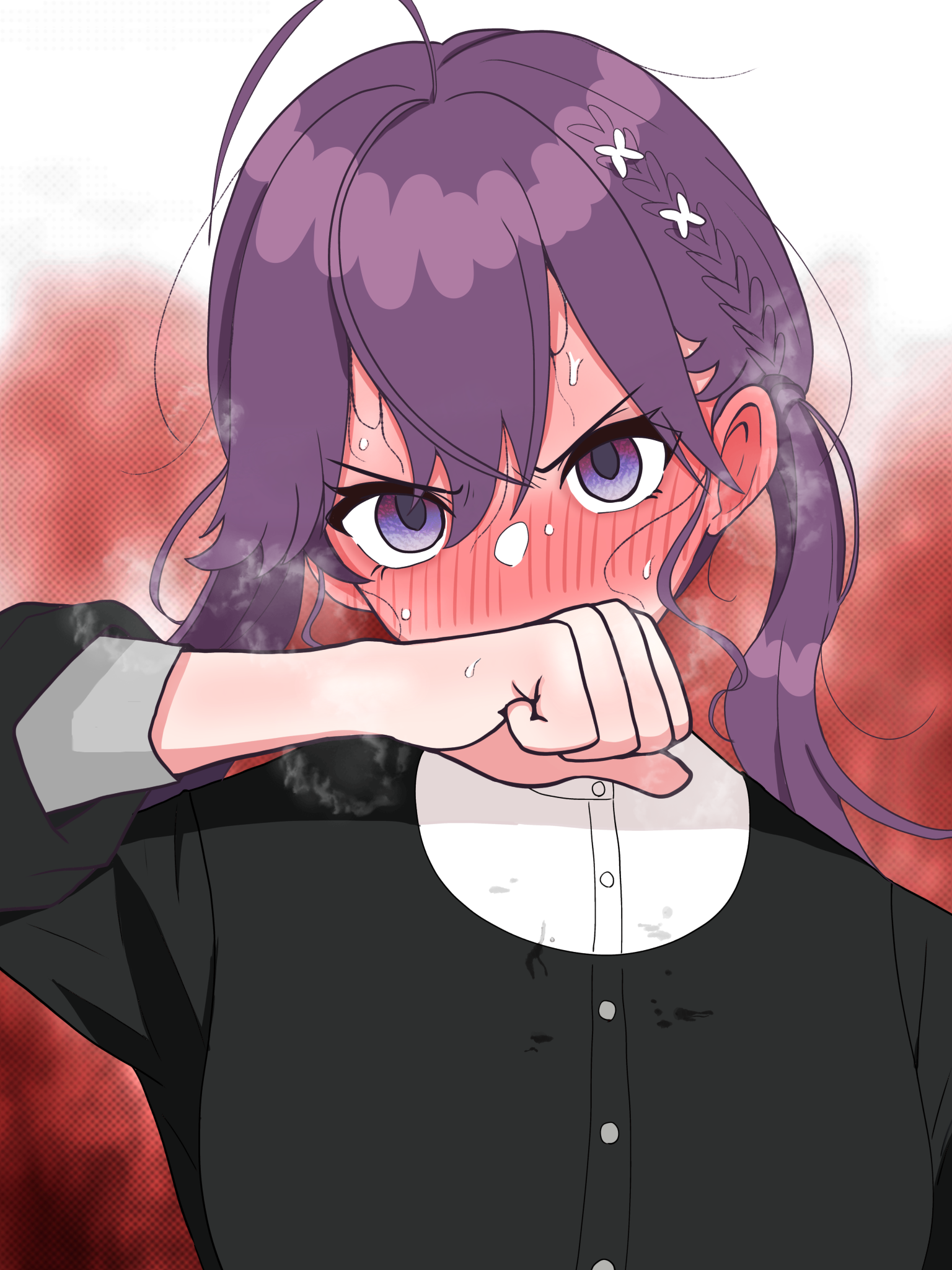 1girl ahoge black_jacket blush braid butterfly_hair_ornament clenched_hand commentary_request covered_mouth gakuen_idolmaster gokugetsu_academy_school_uniform hair_ornament highres hondy_(user_gcxa2842) idolmaster jacket kaya_rinha looking_at_viewer nose_blush purple_hair school_uniform shirt solo steam sweat twintails upper_body white_shirt