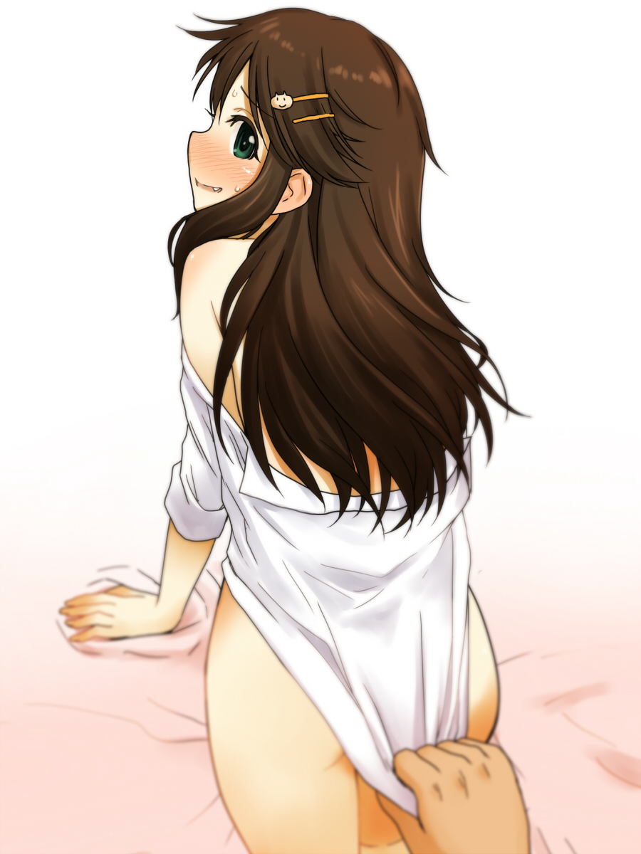 1girl arm_support blush brown_hair clothes_pull gradient_background green_eyes hair_ornament hairclip highres himekawa_yuki idolmaster idolmaster_cinderella_girls long_hair looking_at_viewer looking_back meme naked_shirt pulling_another&#039;s_clothes sakaki_imasato sexually_suggestive shirt shirt_pull sidelocks sleeves_rolled_up solo_focus sweatdrop they_had_lots_of_sex_afterwards_(meme) white_shirt
