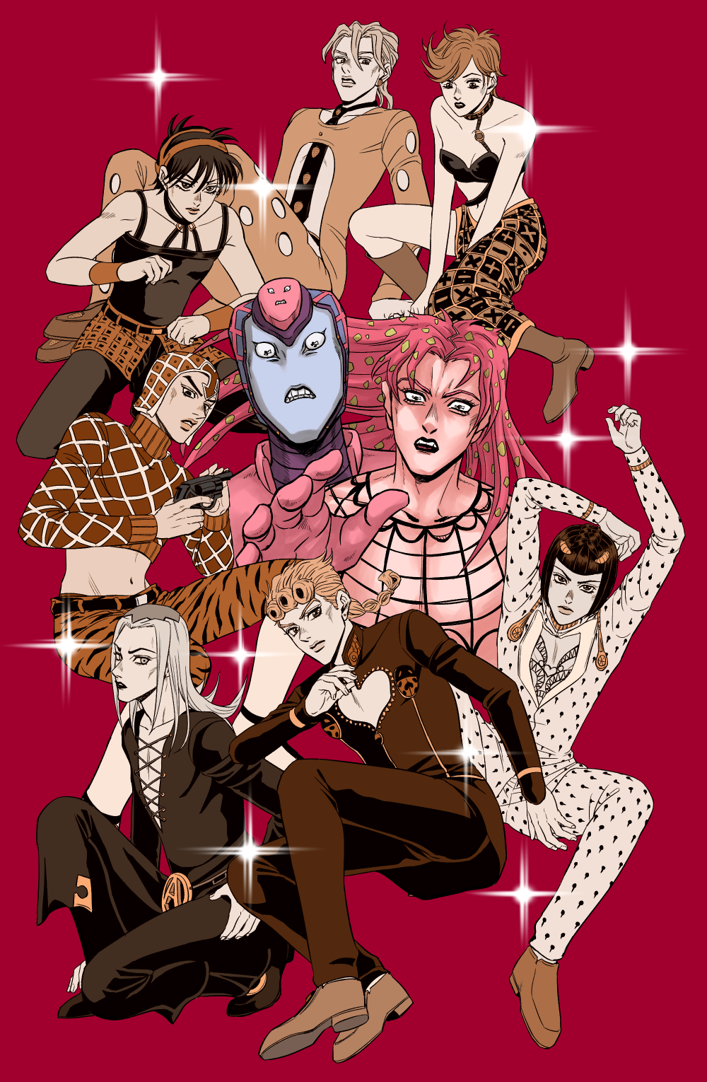 1girl 6+boys bare_shoulders blunt_bangs bob_cut breasts bruno_bucciarati choker cleavage diavolo fishnet_top formal_clothes giorno_giovanna guido_mista gun hage_tashuumi handgun hat headband highres jojo_no_kimyou_na_bouken king_crimson_(stand) leone_abbacchio long_hair multiple_boys muted_color narancia_ghirga necktie official_style outstretched_hand pannacotta_fugo partially_colored pink_hair polka_dot_hair revolver small_breasts stand_(jojo) suit trish_una vento_aureo weapon