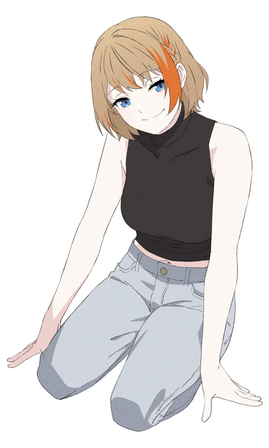 1girl akitetsu black_shirt blue_eyes breasts closed_mouth full_body grey_pants highres kneeling light_brown_hair looking_at_viewer medium_breasts midriff multicolored_hair nanashi_inc. navel official_alternate_costume orange_hair pants shirt short_hair simple_background sleeveless sleeveless_shirt smile solo touri_sei touri_sei_(2nd_costume) two-tone_hair virtual_youtuber white_background