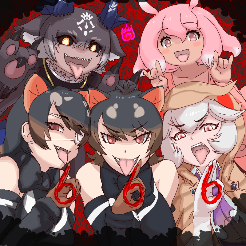 5girls 666 \m/ alternate_form animal_ears animal_hands australian_devil_(kemono_friends) baweng_satanic_leaf_gecko_(kemono_friends) black_hair blush_stickers brown_hair claws dark-skinned_female dark_skin debidebi_debiru debiru-sama demon_girl demon_horns detached_sleeves double_\m/ dress empty_eyes extra_ears eyepatch fangs fins frilled_sleeves frills gloves grey_hair head_fins hood hood_up hooded_jacket horns indoors jacket japanese_pancake_devilfish_(kemono_friends) kemono_friends kemono_friends_3 kusamogura long_hair long_sleeves medical_eyepatch medium_hair multicolored_hair multiple_girls necktie nijisanji ok_sign one_eye_covered open_mouth pawpads pink_eyes pink_hair pinky_out red_eyes sharp_teeth shirt smile tan tasmanian_devil_(kemono_friends) tasmanian_devil_ears teeth tongue tongue_out two-tone_hair upper_teeth_only v-shaped_eyebrows virtual_youtuber white_hair