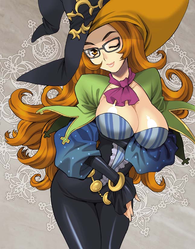 1girl breasts brown_eyes brown_hair female_focus glasses grand_knights_history hat large_breasts lips long_hair muse_cromwell one_eye_closed smile solo wink witch_hat yukiyanagi