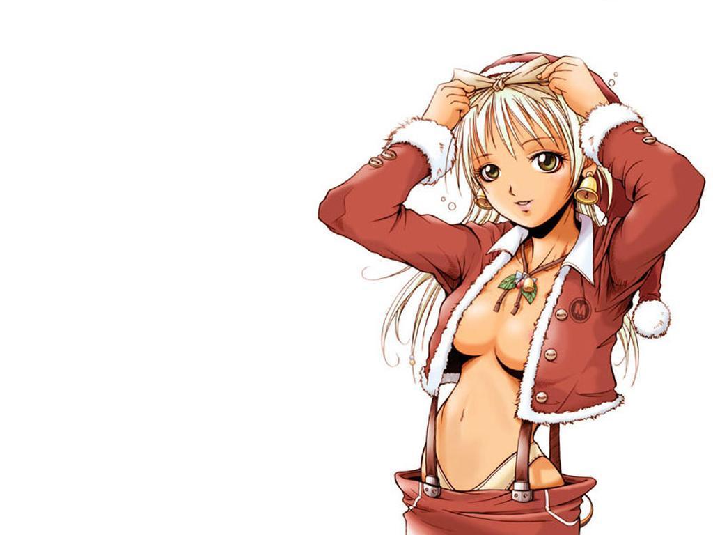 1girl artist_request bell bell_earrings breasts character_request christmas earrings female_focus green_eyes hair_ribbon hat jewelry large_breasts long_hair looking_at_viewer midriff necklace nina no_bra open_clothes open_shirt panties ribbon santa_costume santa_hat shirt simple_background smile solo suspenders underwear white_background white_hair white_panties