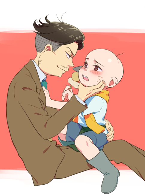 10s 2boys apron bad_id bad_pixiv_id bald black_hair boots brown_hair chibita dayoon facial_hair facial_mark food formal_clothes green_necktie hand_on_another&#039;s_face male_focus mayu_ueki multiple_boys mustache necktie oden open_mouth osomatsu-kun osomatsu-san osomatsu_(series) outside_border parody pushing pushing_away size_difference suit towel towel_around_neck waist_apron whisker_markings yaoi