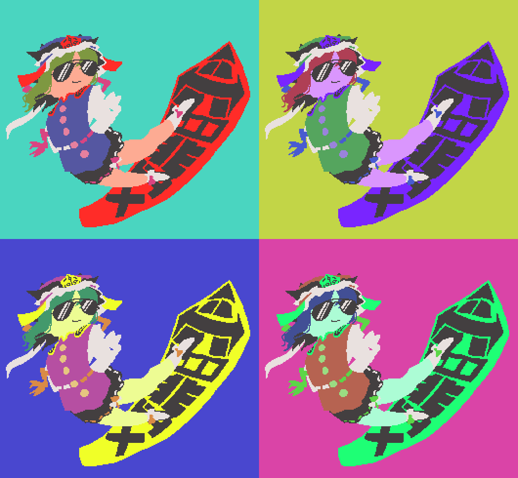 1girl andy_warhol black_skirt blue_hat blue_vest buttons closed_mouth commentary english_commentary frilled_hat frills full_body green_hair hat karamelflan pop_art ribbon-trimmed_skirt ribbon_trim rod_of_remorse shiki_eiki shirt short_hair skirt smile socks sunglasses touhou vest white_shirt white_socks