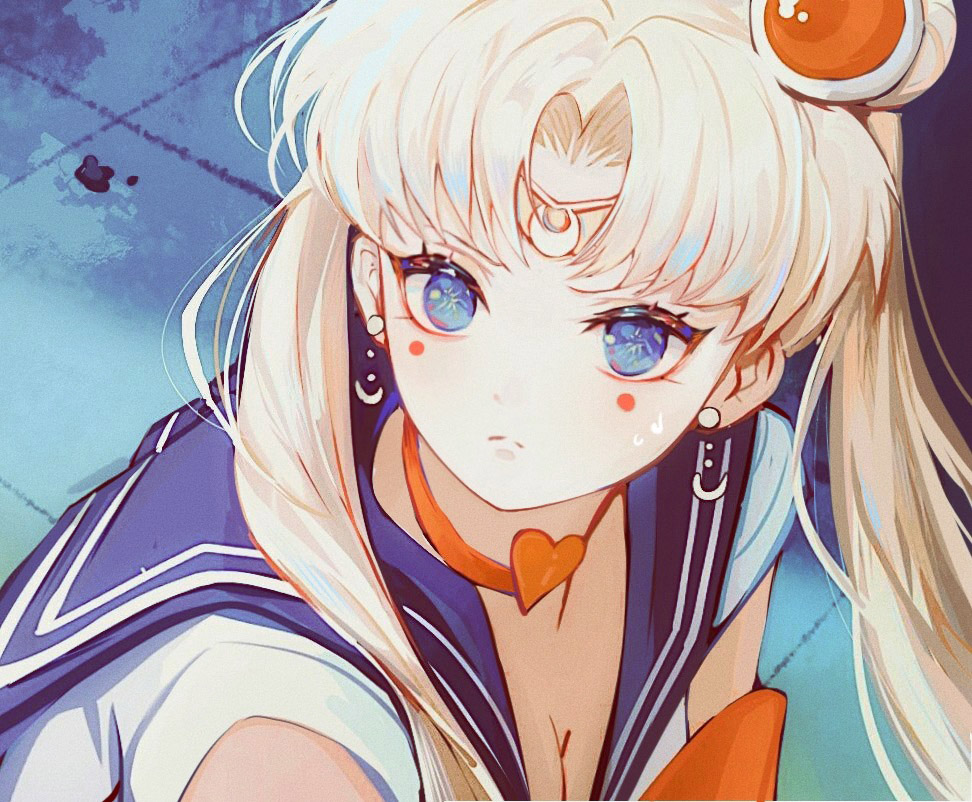 1girl bishoujo_senshi_sailor_moon bishoujo_senshi_sailor_moon_s blue_eyes breasts choker cleavage crescent crescent_earrings derivative_work earrings heart heart_choker jewelry long_hair looking_at_viewer meme parted_bangs platinum_blonde_hair red_choker sailor_moon sailor_moon_redraw_challenge_(meme) screenshot_redraw shan_gui_yu_yao short_sleeves solo tsukino_usagi twintails upper_body