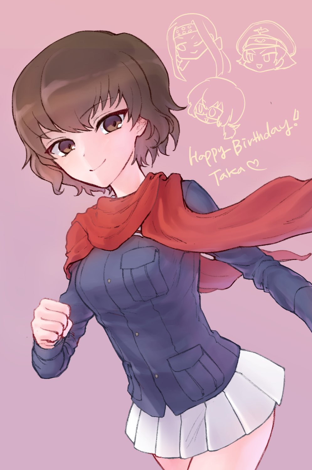 100zi brown_eyes brown_hair caesar_(girls_und_panzer) character_name closed_mouth emblem erwin_(girls_und_panzer) girls_und_panzer happy_birthday highres jacket long_sleeves looking_at_viewer military military_uniform miniskirt multiple_girls ooarai_military_uniform oryou_(girls_und_panzer) pink_background red_scarf saemonza_(girls_und_panzer) scarf school_uniform short_hair simple_background skirt smile