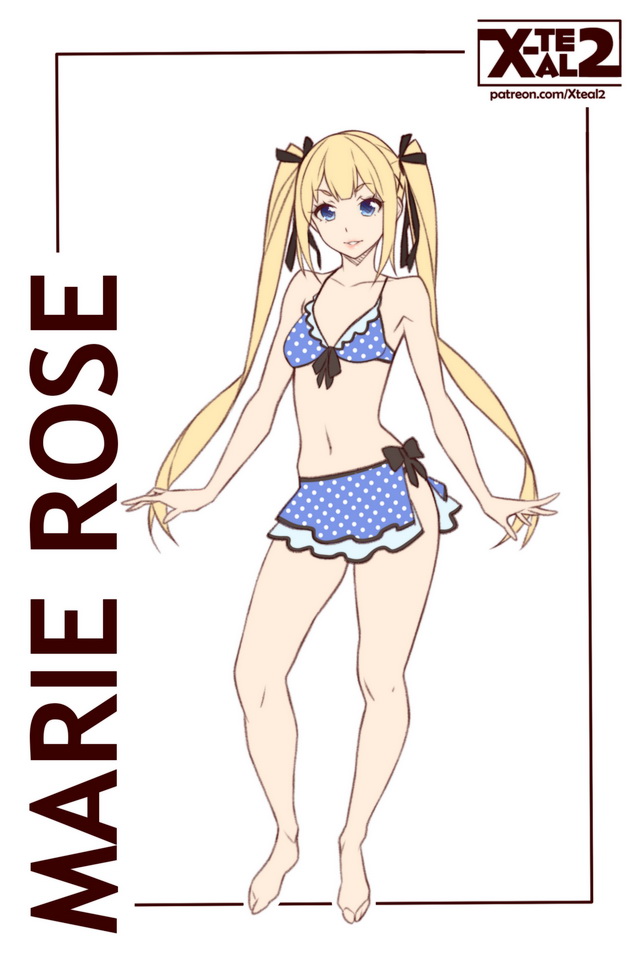 1girl alternate_costume artist_request bikini bikini_skirt blonde_hair blue_bikini blue_eyes character_name dead_or_alive dead_or_alive_5 female_focus flat_color full_body hair_ribbon looking_at_viewer marie_rose navel parted_lips polka_dot polka_dot_bikini ribbon skirt solo stomach swimsuit twintails watermark web_address white_background x-t3al