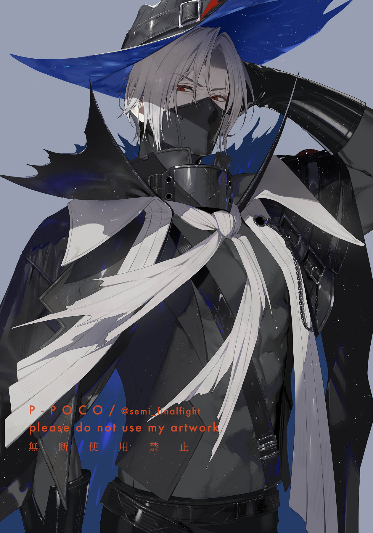 1boy arknights belt black_cape black_hat black_pants blue_cape blue_hat cape commentary gauntlets glaring grey_background grey_hair grey_shirt hat high_collar highres looking_at_viewer male_focus mask pants red_eyes semi_(p-poco) shirt short_hair simple_background solo tight_clothes toned toned_male torn_cape torn_clothes two-sided_cape two-sided_fabric ulpianus_(arknights)