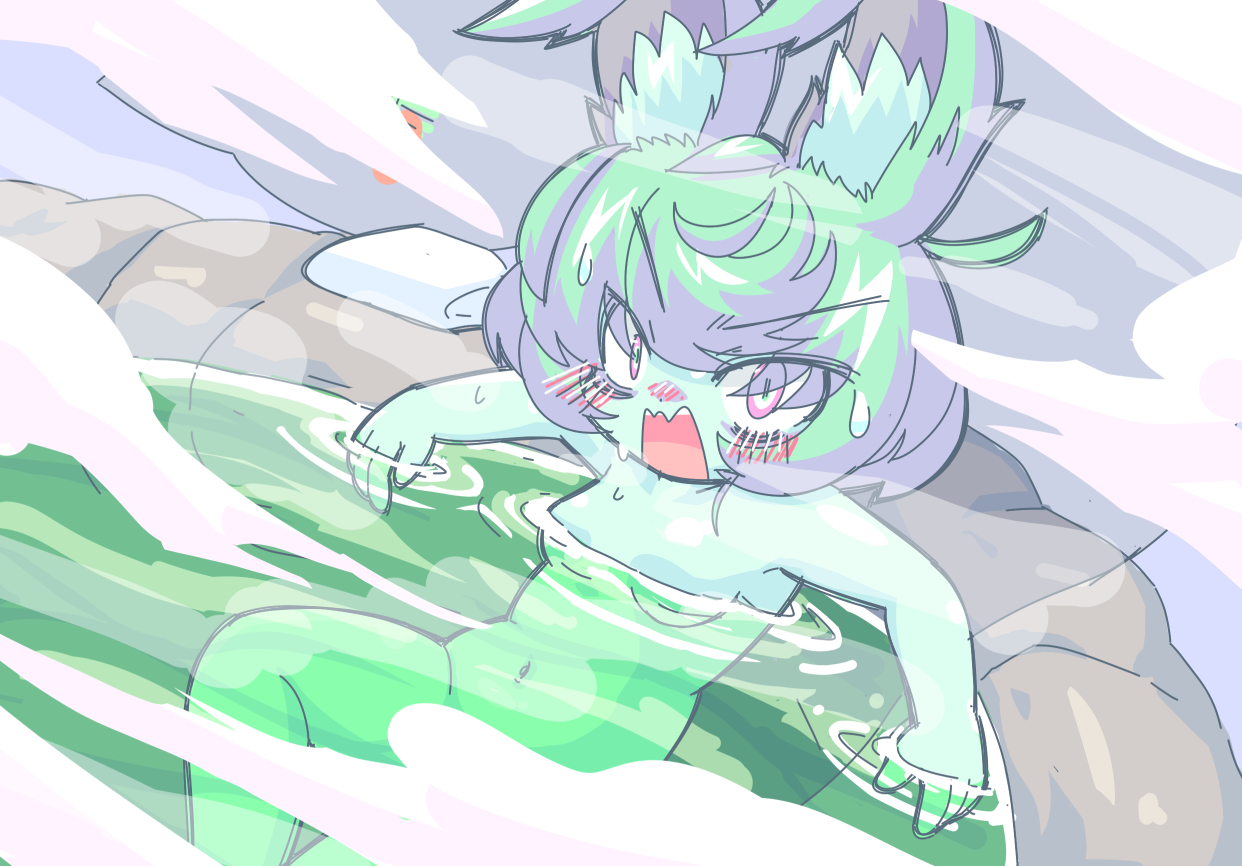 1girl animal_ears blush breasts chibi colored_skin completely_nude convenient_censoring dot_nose embarrassed eyebrows feet_out_of_frame female_focus from_above green_hair green_skin kayo!!_(gotoran) league_of_legends looking_at_viewer looking_to_the_side looking_up navel nude open_mouth pink_eyes scared screaming short_hair shortstack sitting small_breasts solo variant_set vex_(league_of_legends) water yordle