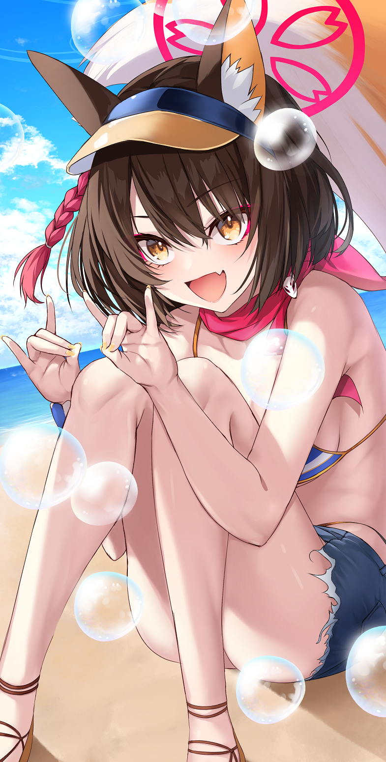 1girl air_bubble animal_ear_fluff animal_ears beach black_hair blue_archive blue_sky breasts bubble cloud commentary_request day denim denim_shorts double_fox_shadow_puppet fang fox_ears fox_girl fox_shadow_puppet fox_tail halo highres izuna_(blue_archive) izuna_(swimsuit)_(blue_archive) knees_up looking_at_viewer medium_breasts merxkialis ocean official_alternate_costume open_mouth outdoors pink_halo red_scarf scarf short_hair shorts sitting skin_fang sky smile solo tail visor_cap yellow_eyes