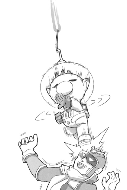 2boys ^^^ backpack bag big_nose bodysuit bracer buttons captain_falcon clenched_hand closed_eyes collared_bodysuit commentary_request covered_mouth f-zero full_body gloves greyscale height_difference helmet high_collar kicking male_focus monochrome motion_blur motion_lines multiple_boys naru_(wish_field) nintendo olimar open_mouth pikmin_(series) pointy_ears radio_antenna scarf short_hair simple_background smile space_helmet spacesuit speed_lines super_smash_bros. teeth two-sided_fabric upper_body upper_teeth_only very_short_hair white_background