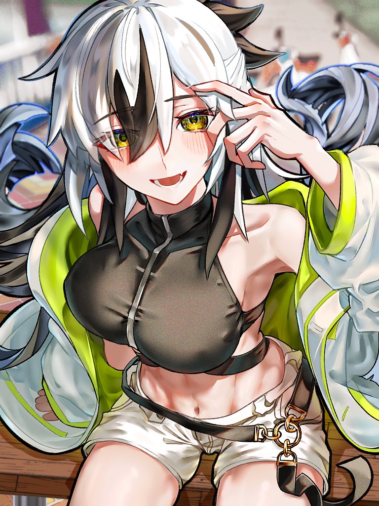 1girl bare_shoulders belt black_hair black_shirt blush breasts cropped_shirt fate/grand_order fate_(series) green_eyes green_jacket hair_between_eyes huo_ting jacket long_hair long_sleeves looking_at_viewer medium_breasts midriff multicolored_hair multicolored_jacket nagao_kagetora_(fate) navel off_shoulder open_clothes open_jacket open_mouth revision shirt short_shorts shorts sidelocks sleeveless sleeveless_shirt smile solo thighs two-tone_hair two-tone_jacket uesugi_kenshin_(fate) uesugi_kenshin_(second_ascension)_(fate) very_long_hair white_hair white_jacket white_shorts