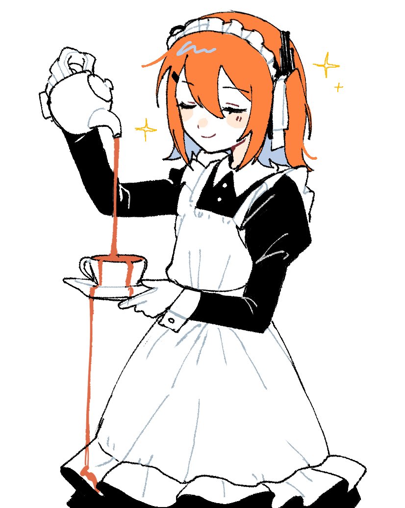 1girl a.i._voice adachi_rei alternate_costume apron avocado_hamburg black_dress buttoned_cuffs buttons closed_eyes closed_mouth cup dress enmaided feet_out_of_frame frilled_apron frills gloves hair_ribbon hand_up hashtag-only_commentary holding holding_cup holding_teapot long_sleeves maid maid_apron maid_headdress medium_hair orange_hair overflowing pouring ribbon simple_background sleeve_cuffs smile solo sparkle standing tea teacup teapot utau white_apron white_background white_gloves white_ribbon