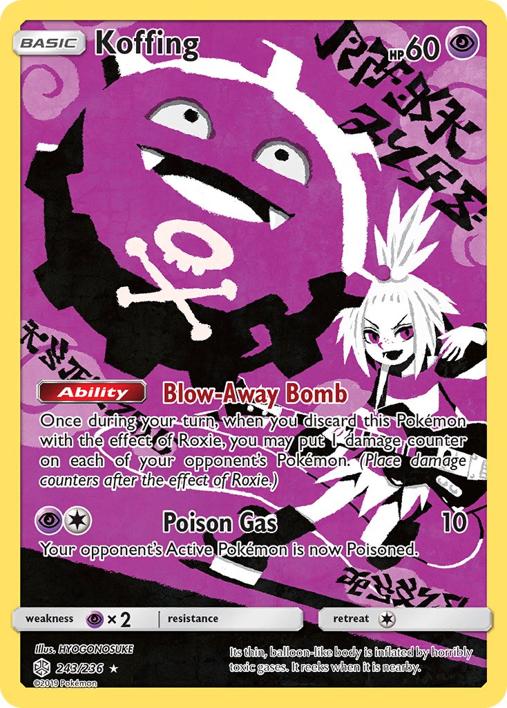 1girl :d artist_name cable card_(medium) character_name company_name copyright_name copyright_notice dutch_angle electric_guitar english_text fangs floating gen_1_pokemon guitar holding holding_guitar holding_instrument hyogonosuke instrument koffing limited_palette nintendo official_art open_mouth pokemon pokemon_(creature) pokemon_bw2 pokemon_card pokemon_focus pokemon_tcg purple_eyes purple_theme roxie_(pokemon) shadow skull_and_crossbones smile third-party_source topknot trading_card v-shaped_eyebrows