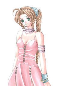 1girl aerith_gainsborough alternate_costume armlet bad_id bracelet brown_hair commentary curly_hair dress final_fantasy final_fantasy_vii green_eyes hair_tie jewelry long_hair looking_at_viewer lowres necklace parted_bangs pink_dress ponytail rendezvous sidelocks simple_background smile solo spaghetti_strap upper_body very_long_hair white_background