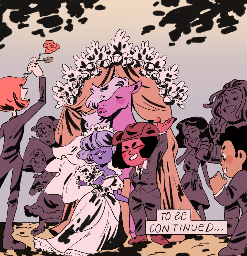 1girl 2boys amethyst_(steven_universe) androgynous bismuth_(steven_universe) blue_skin colored_skin connie_maheswaran dress english_text formal_clothes golden_hour greg_universe multiple_boys pearl_(steven_universe) peridot_(steven_universe) red_skin ruby_(steven_universe) sapphire_(steven_universe) steven_quartz_universe steven_universe suit wedding_dress yummycookies753 yuri