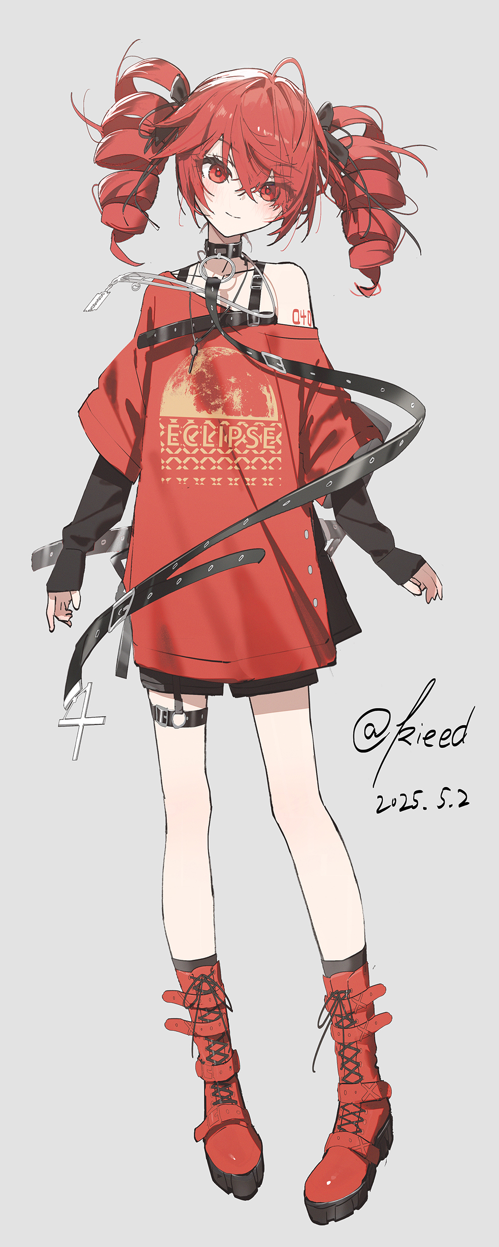 1girl absurdres belt boots drill_hair full_body hair_ribbon highres kasane_teto kieed lace-up_boots layered_sleeves long_shirt long_sleeves red_boots red_eyes red_hair red_shirt ribbon shirt sleeves_past_wrists smile solo standing thigh_belt thigh_strap twin_drills utau