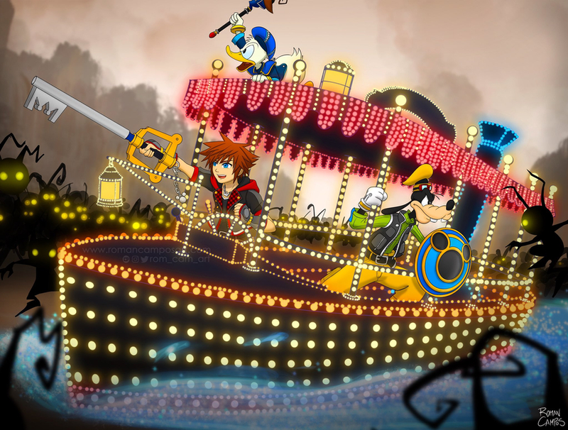 3boys artist_name cloud cloudy_sky disney donald_duck goofy heartless instagram_username jewelry jungle_cruise keyblade kingdom_hearts kingdom_key light mell0w-m1nded monster multiple_boys necklace sailing shield ship sky sora_(kingdom_hearts) staff water watercraft yellow_eyes