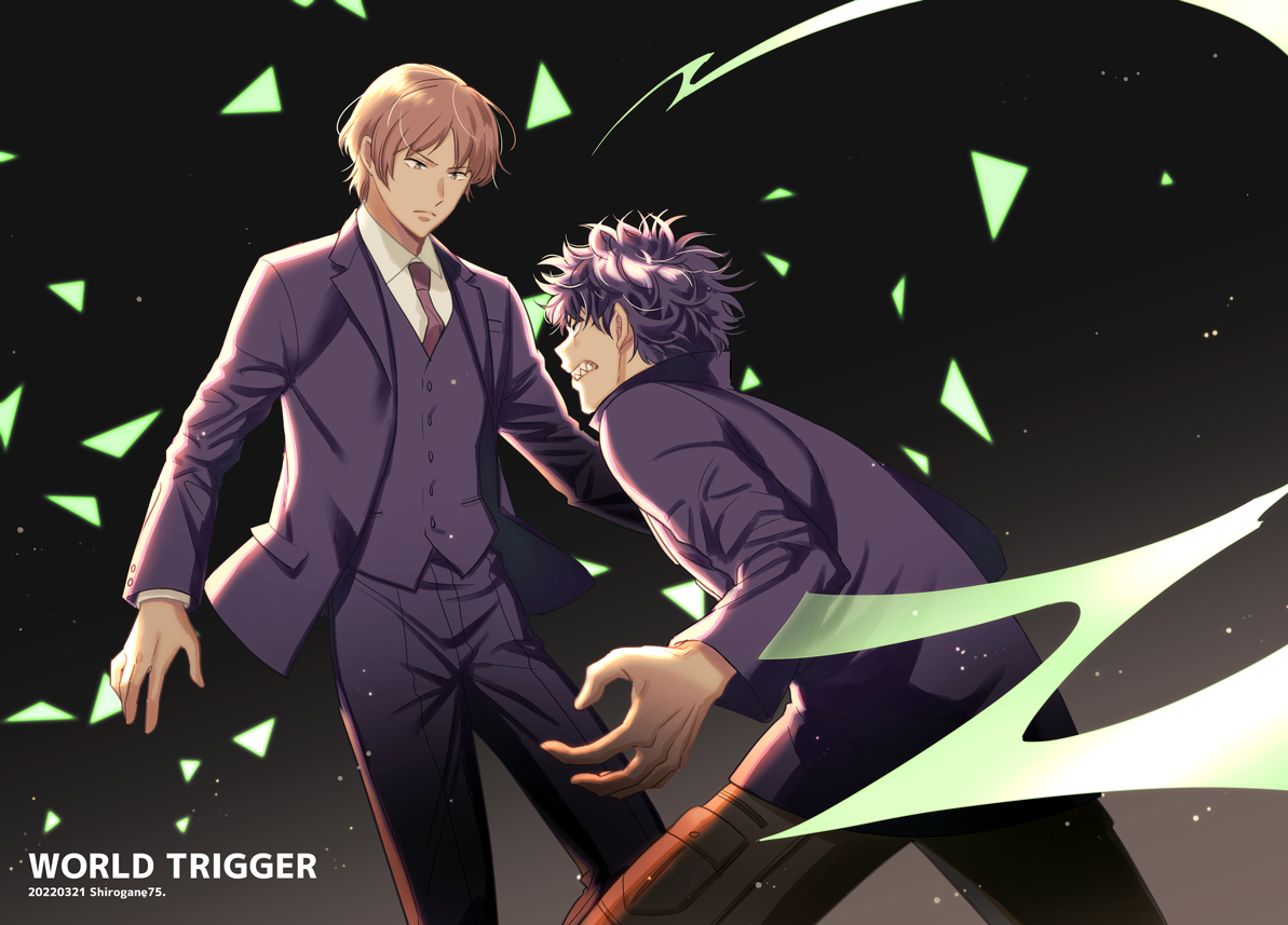 2boys battle black_background black_hair black_jacket brown_hair brown_pants charging_forward clenched_teeth collared_shirt copyright_name dated dress_shirt duel formal_clothes frown glowing gradient_background jacket kageura_masato light_particles long_sleeves looking_at_another looking_away male_focus multiple_boys necktie ninomiya_masataka pants purple_hair purple_jacket purple_pants purple_vest red_necktie sharp_teeth shirogane750 shirt short_hair spiked_hair suit teeth triangle twitter_username uniform vest white_shirt world_trigger