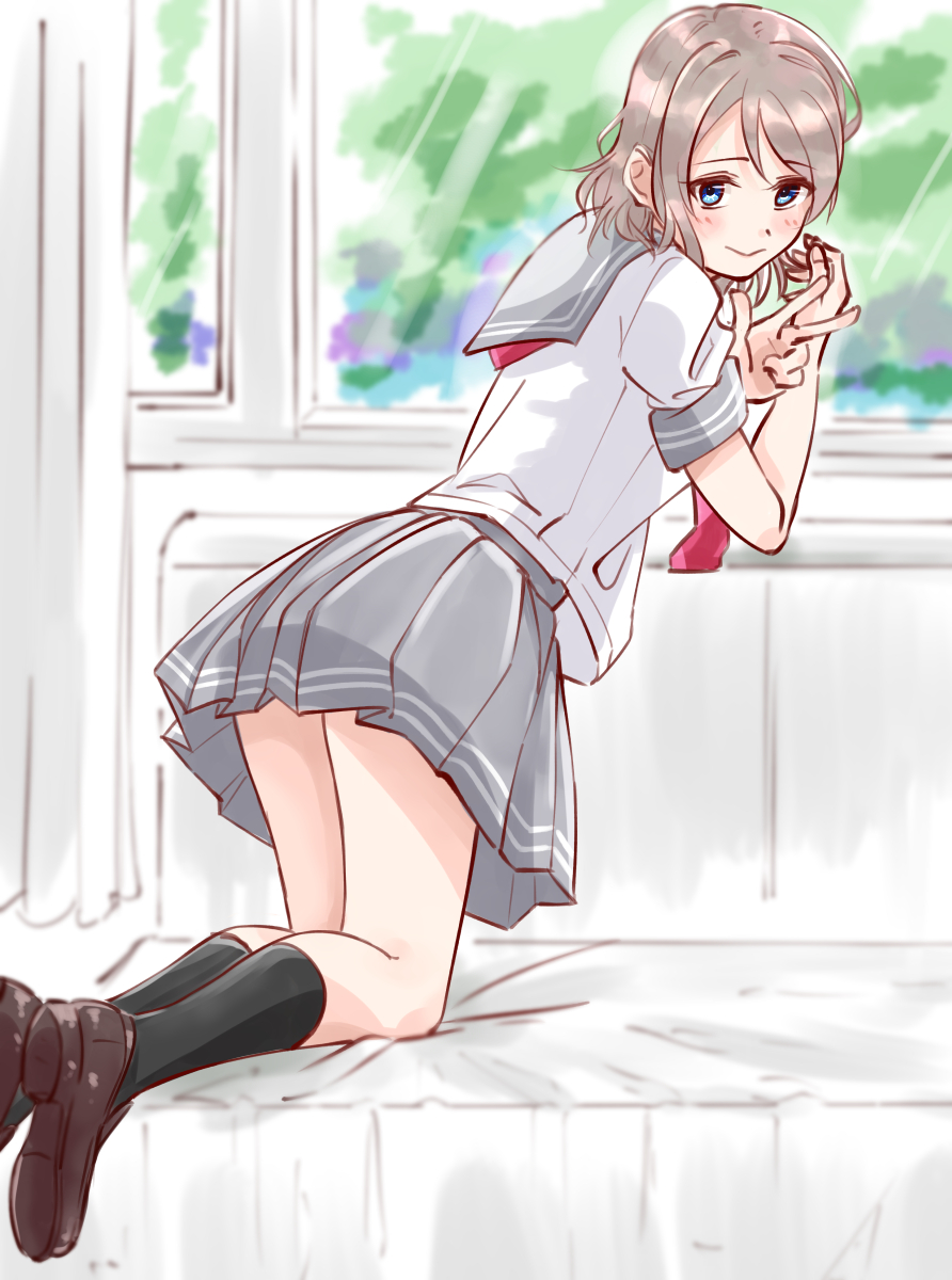 1girl blue_eyes blush brown_footwear brown_hair highres looking_at_viewer love_live! love_live!_sunshine!! school_uniform serafuku shoes short_hair simple_background skt_(ryxxxxx) smile socks thighs watanabe_you