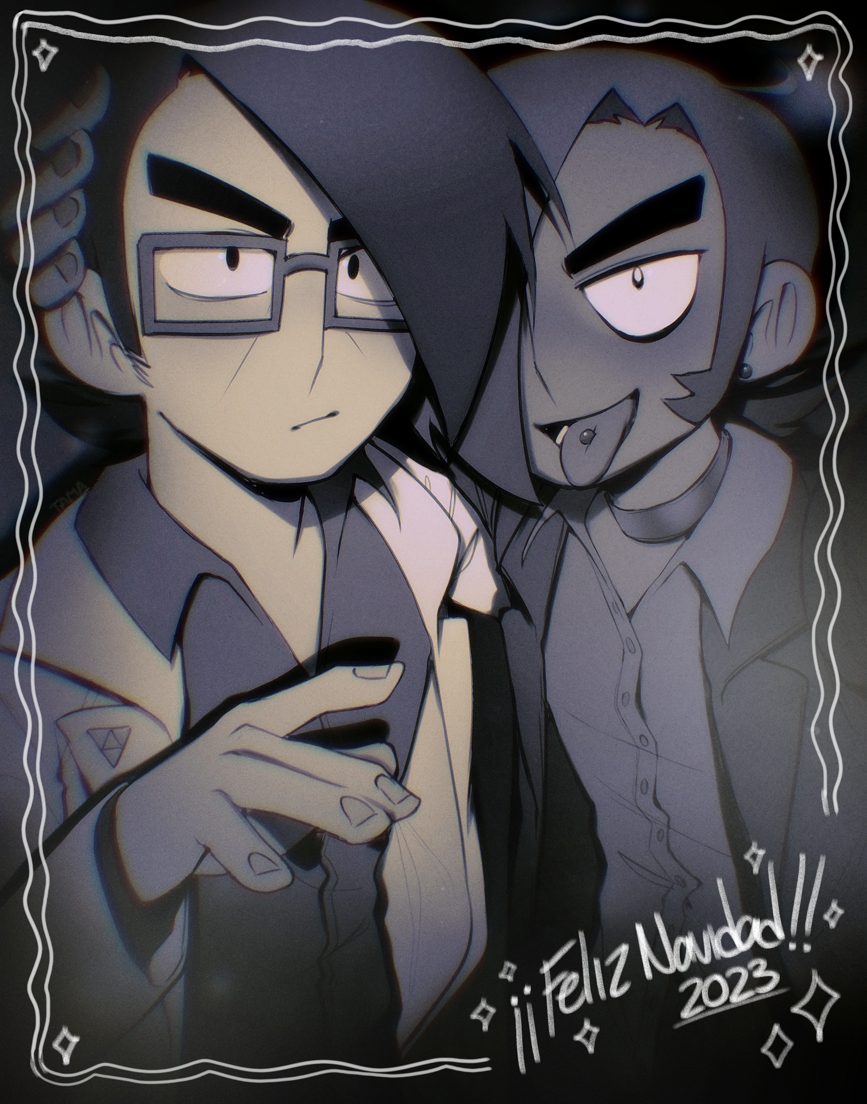 2023 2boys black_background black_eyeliner blush christmas closed_mouth collar collared_shirt commentary dark-skinned_male dark_skin dated ear_piercing existenc3 eyeliner furrowed_brow gideon_graves glasses greyscale hair_over_one_eye hand_on_another's_head hand_up highres jacket looking_at_viewer makeup male_focus matthew_patel monochrome multiple_boys open_mouth piercing rectangular_eyewear scott_pilgrim_(series) scott_pilgrim_takes_off shirt short_hair smile spanish_text tongue tongue_out tongue_piercing upper_body