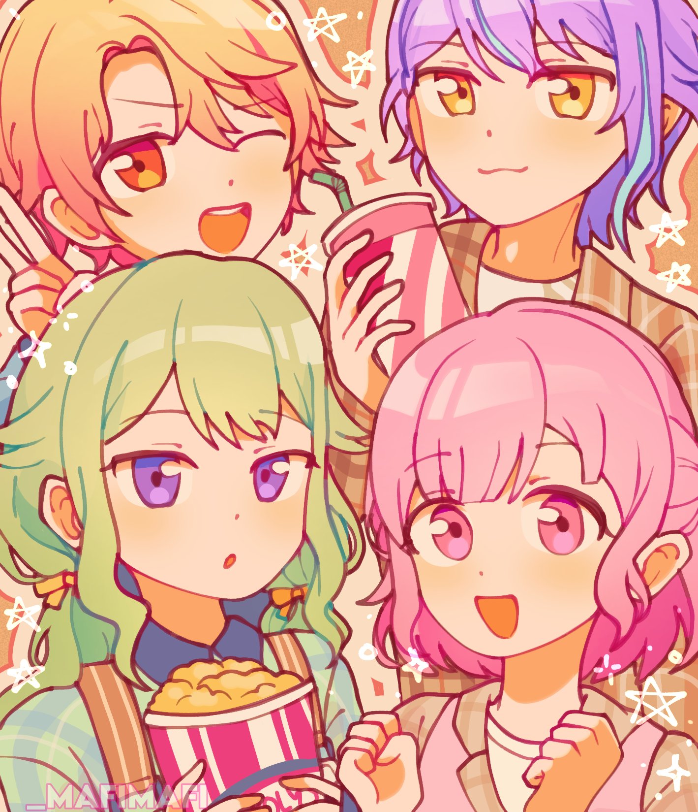 2boys 2girls blonde_hair blue_hair blue_shirt bow box brown_background brown_jacket brown_shirt clenched_hands closed_mouth collared_shirt cup disposable_cup drinking_straw food gradient_hair green_hair green_shirt hair_bow hands_up highres holding holding_box holding_cup jacket kamishiro_rui kusanagi_nene lapels long_hair long_sleeves looking_at_viewer multicolored_hair multiple_boys multiple_girls one_eye_closed ootori_emu open_clothes open_jacket open_mouth orange_bow pink_eyes pink_hair pink_vest plaid_clothes plaid_jacket plaid_shirt popcorn project_sekai purple_eyes purple_hair red_eyes red_hair shirt short_hair sidelocks simple_background smile star_(symbol) streaked_hair suspenders t-shirt teeth tenma_tsukasa upper_body v vest wavy_hair white_shirt yellow_eyes zinachan