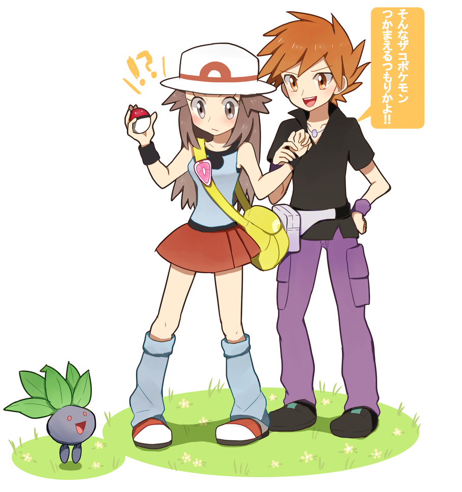 1boy 1girl ako_(ako0905) blue_oak blue_shirt brown_eyes brown_hair closed_mouth collarbone full_body game_freak gen_1_pokemon holding holding_another&#039;s_wrist holding_poke_ball leaf_(pokemon) nintendo oddish open_mouth pants poke_ball poke_ball_(basic) pokemon pokemon_(creature) pokemon_frlg purple_pants red_skirt shirt short_sleeves skirt speech_bubble translation_request wristband yellow_bag